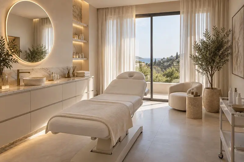 Sala de tratamientos de una clínica estética en Benahavís con camilla y luz natural