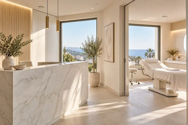 Interior de una clínica estética moderna en Benalmádena con luz natural mediterránea