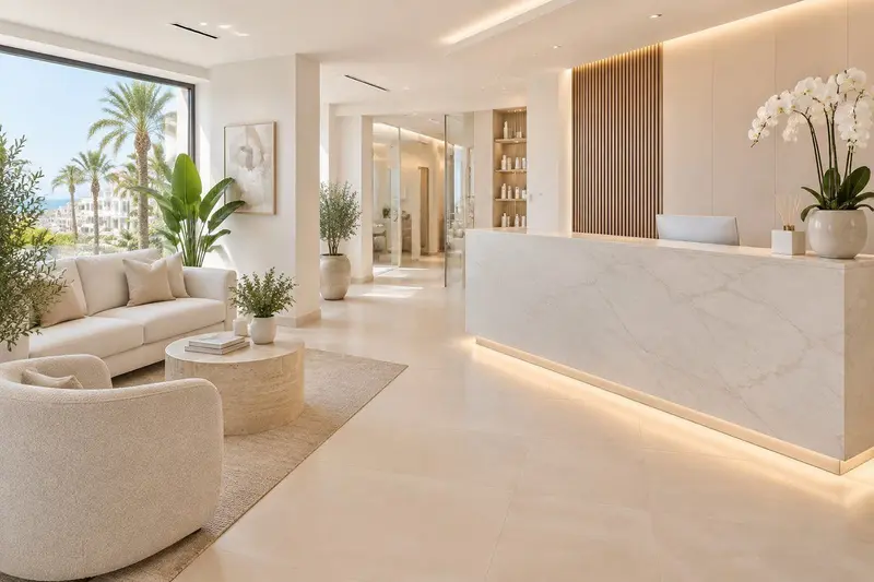 Clínica estética moderna en Fuengirola con una especialista atendiendo a una clienta en cabina