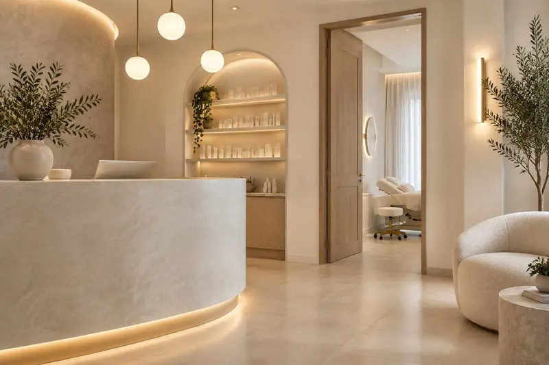 Recepción de una clínica estética moderna en Ronda con luz cálida y acabados en blanco y beige