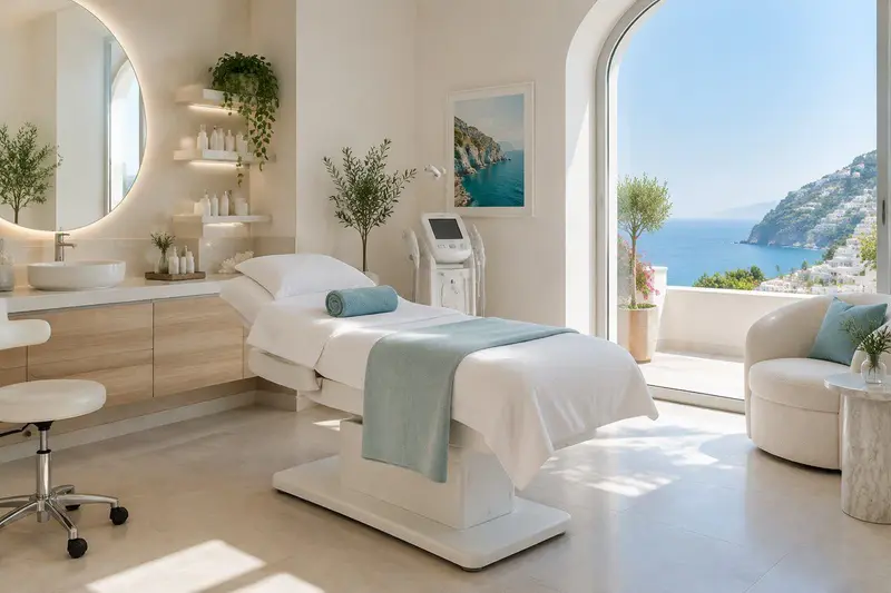 Sala de tratamientos de una clínica estética moderna con decoración minimalista en tonos neutros y cian