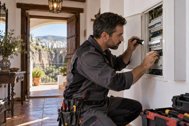 Electricista profesional revisando un cuadro eléctrico en una vivienda de Ronda, con herramientas y linterna