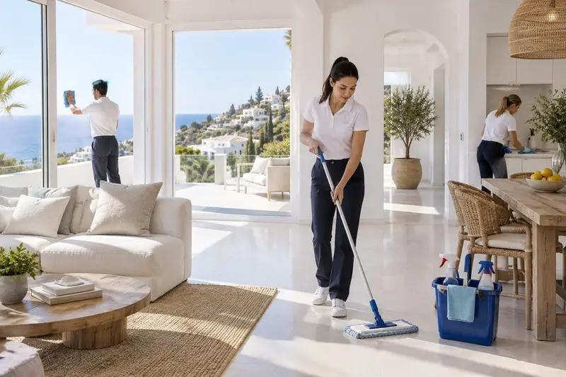Equipo de limpieza profesional en una casa luminosa de Mijas, Costa del Sol