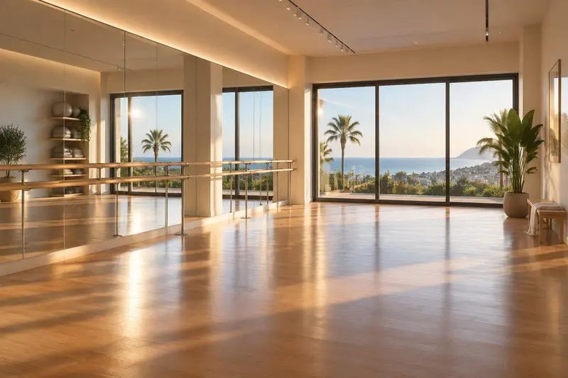 Estudio de baile con suelo de madera pulida, espejo y barra de ballet con luz natural cálida