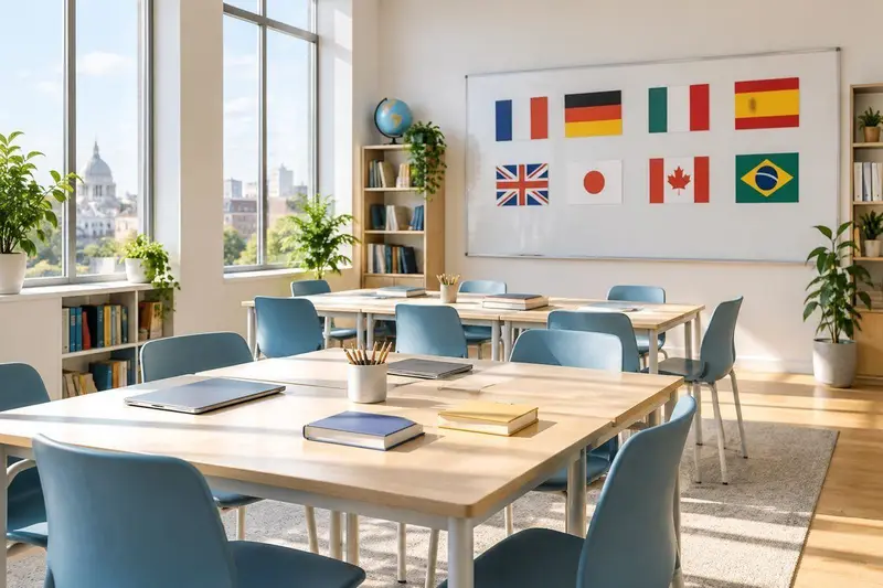 Aula luminosa de una academia de idiomas con mesas y sillas modernas junto a un ventanal
