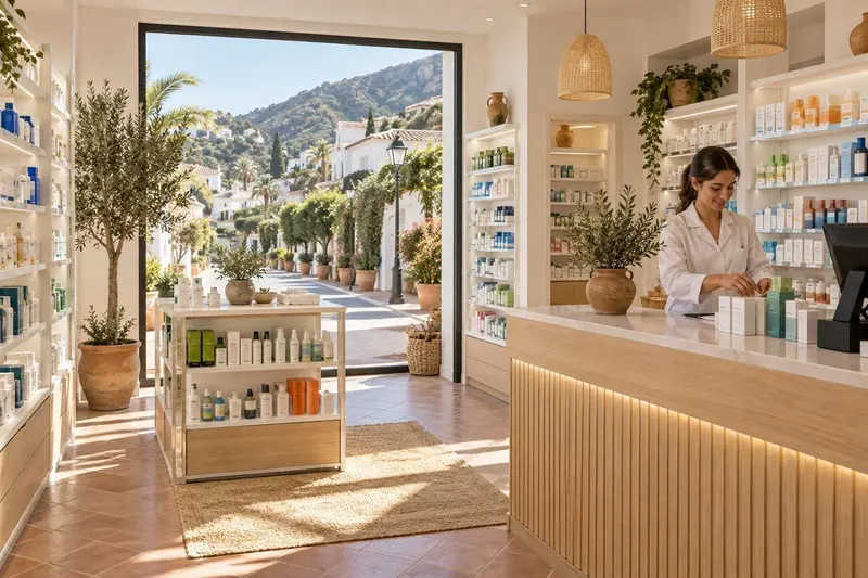 Interior de una farmacia moderna en Benahavís con estanterías de parafarmacia, mostrador de madera y farmacéutico atendiendo al cliente