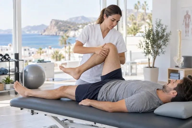 Fisioterapeuta atendiendo a un paciente en una clínica moderna de Mijas, con luz natural