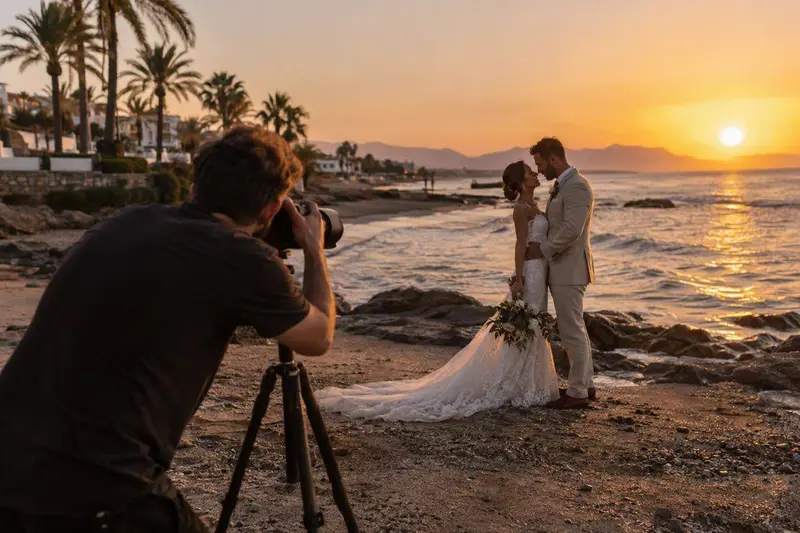 Fotógrafo profesional fotografiando una sesión de boda al atardecer en la playa de Estepona, Costa del Sol