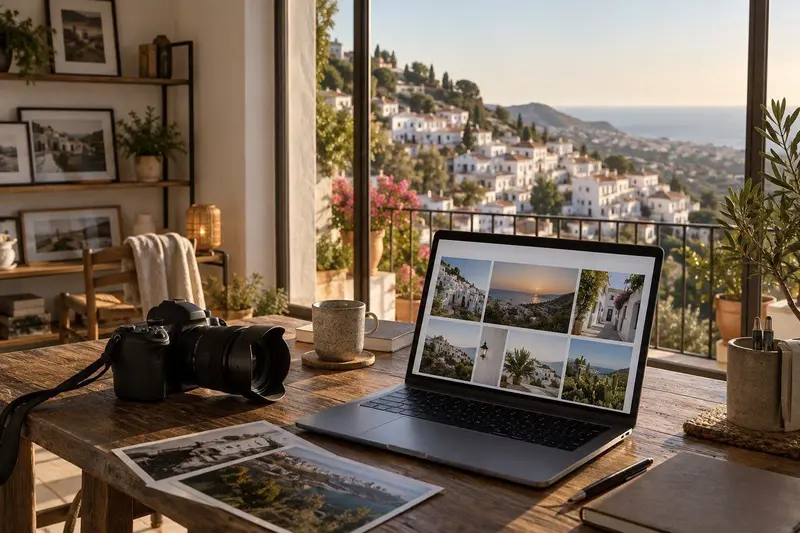 Estudio de un fotógrafo en Mijas con cámara y ordenador mostrando un portfolio