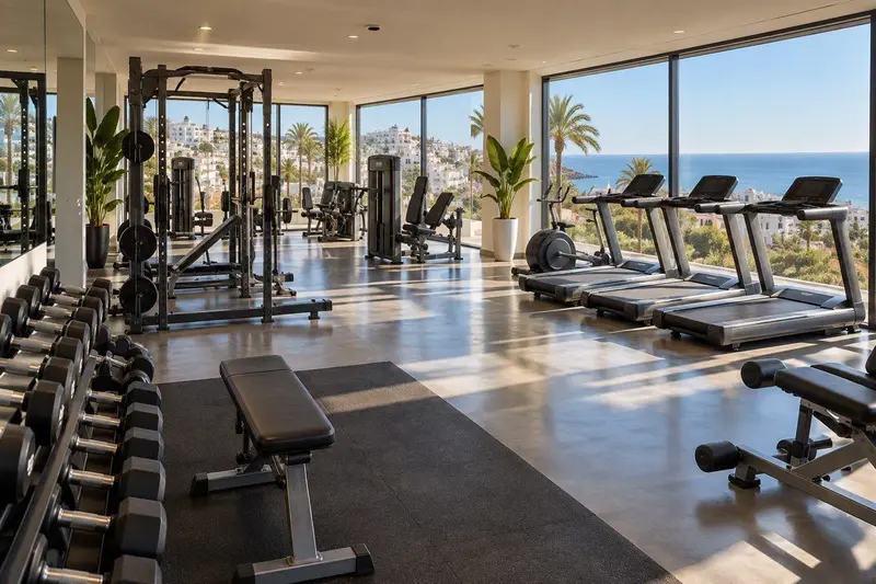 Interior de gimnasio moderno en Benalmádena con vistas al mar, Costa del Sol