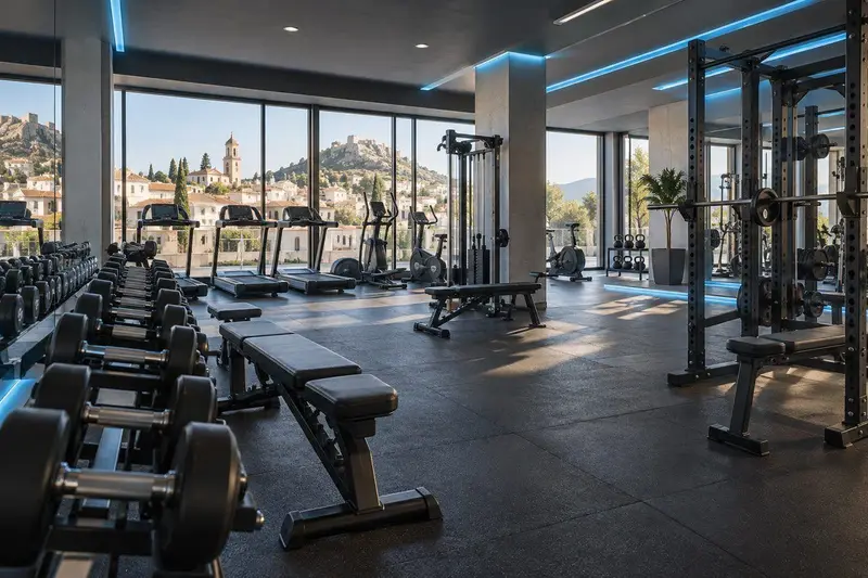 Interior de un gimnasio moderno con máquinas de musculación y cardio en Ronda