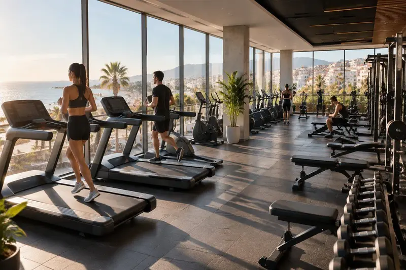 Interior de un gimnasio moderno en Torremolinos con máquinas y luz natural