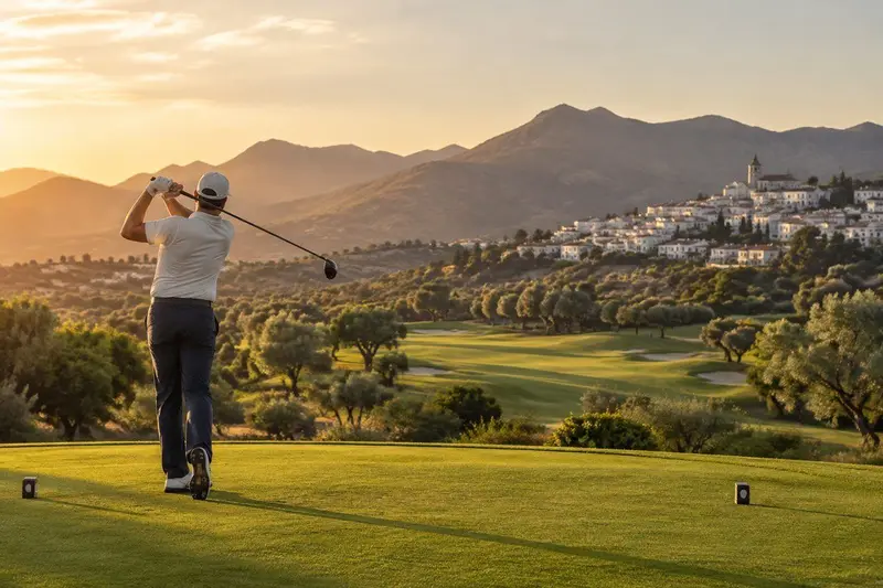 Campo de golf con calles verdes y un jugador al atardecer en Benahavís