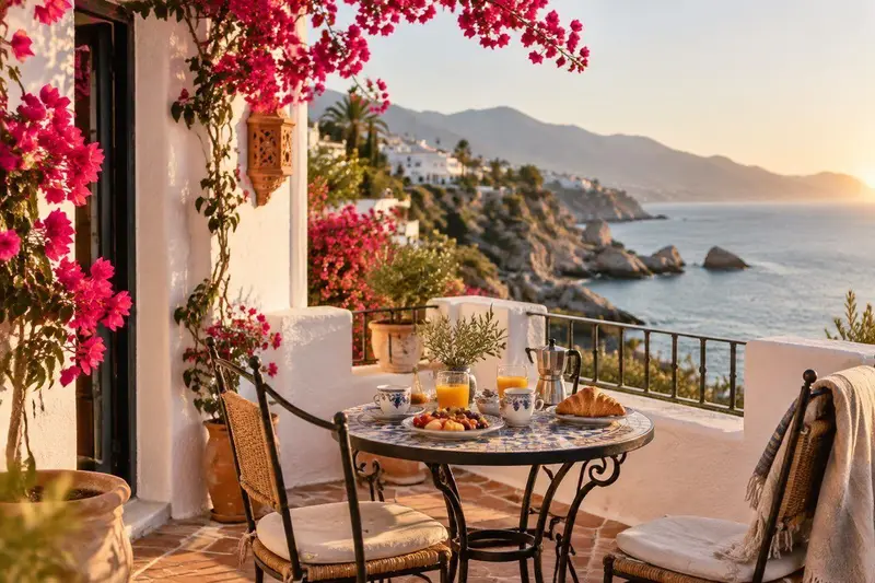 Terraza de un hotel boutique en Nerja con vistas al mar Mediterráneo