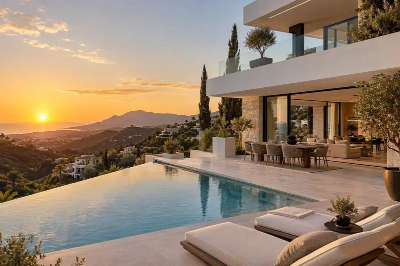 Villa blanca moderna con piscina infinita en Benahavís al atardecer