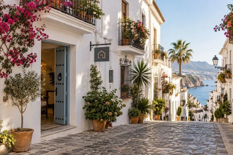 Casa andaluza encalada en Nerja con balcones con flores y cartel discreto de agencia inmobiliaria, luz cálida de tarde en la Costa del Sol