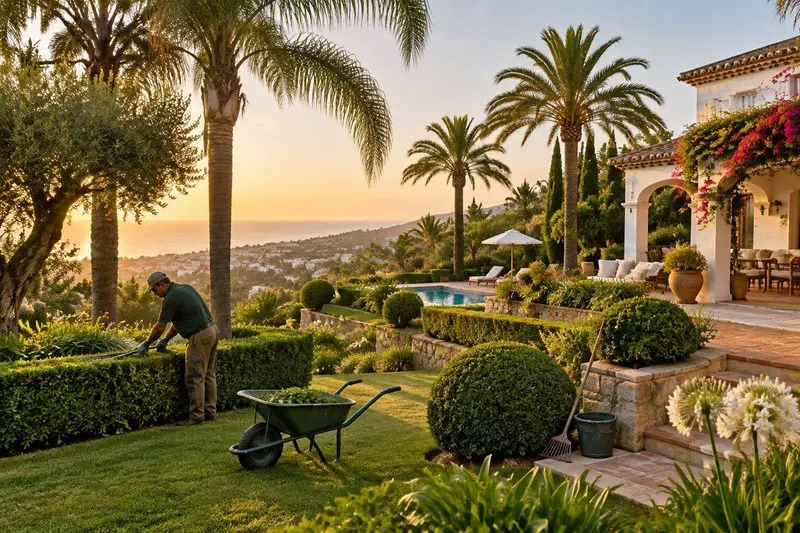 Jardín mediterráneo con zona ajardinada de una villa en Mijas, Costa del Sol