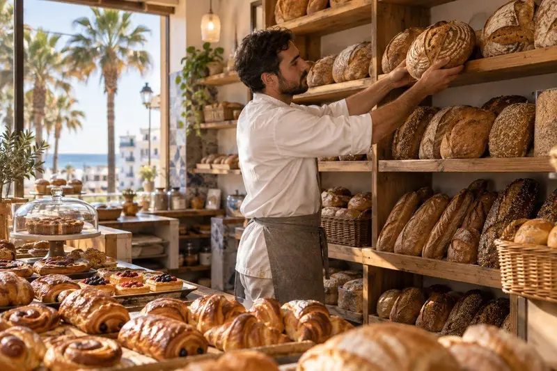 Panadería artesanal con panes recién horneados en Torremolinos