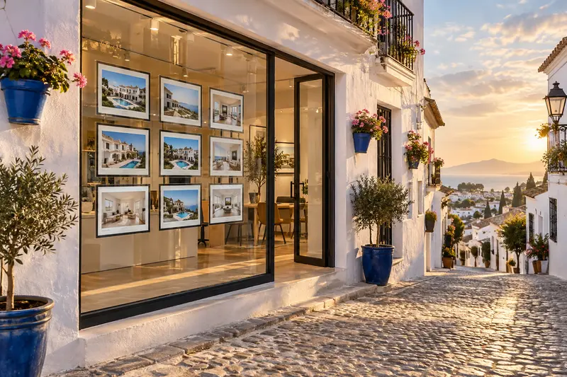 Fachada de una oficina inmobiliaria andaluza moderna con escaparate de fotos de casas en un pueblo blanco de Mijas