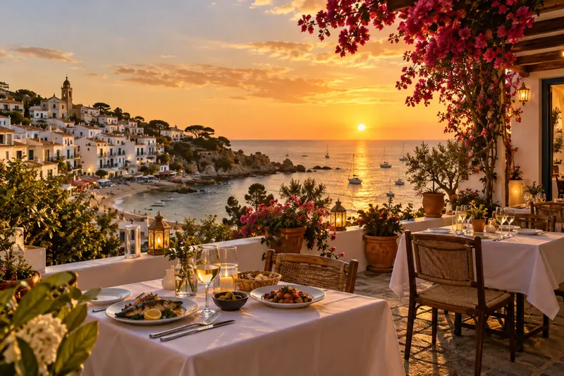 Terraza de restaurante mediterráneo en un pueblo costero andaluz al atardecer con mesas y el mar al fondo