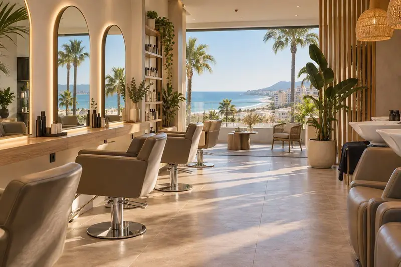 Interior de una peluquería moderna en Torremolinos con luz natural y vistas a la costa