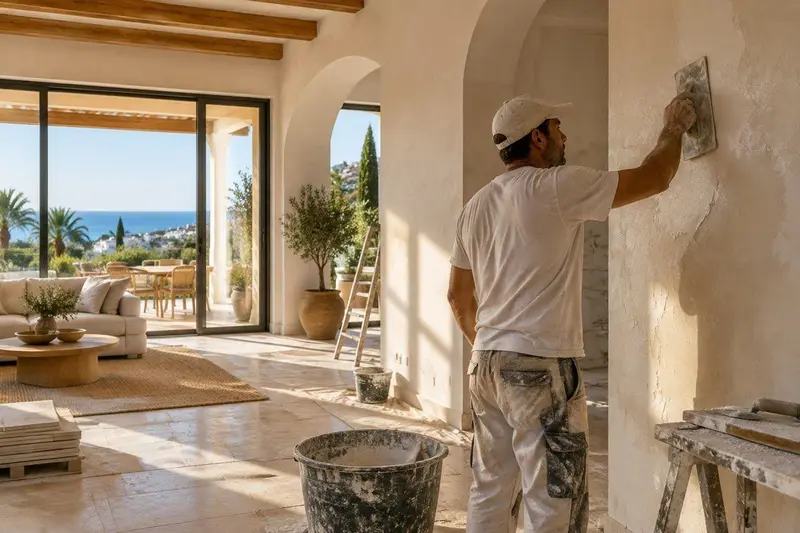 Reforma interior de una villa en Estepona con operario trabajando