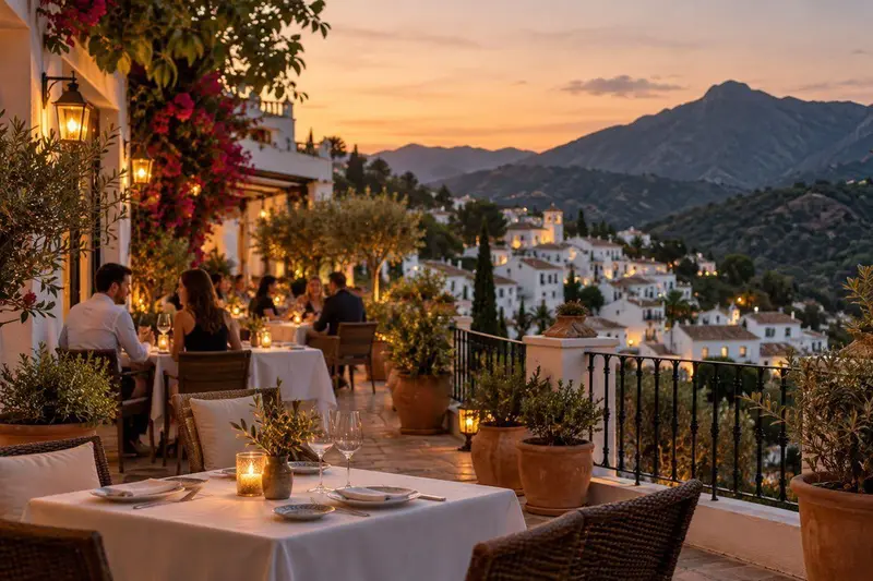 Terraza de un restaurante en un pueblo blanco de montaña de Benahavís al atardecer