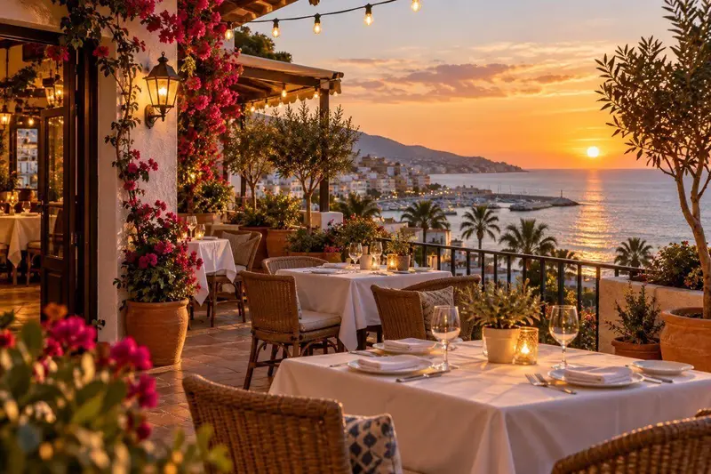 Terraza de un restaurante en Benalmádena con vistas al mar al atardecer