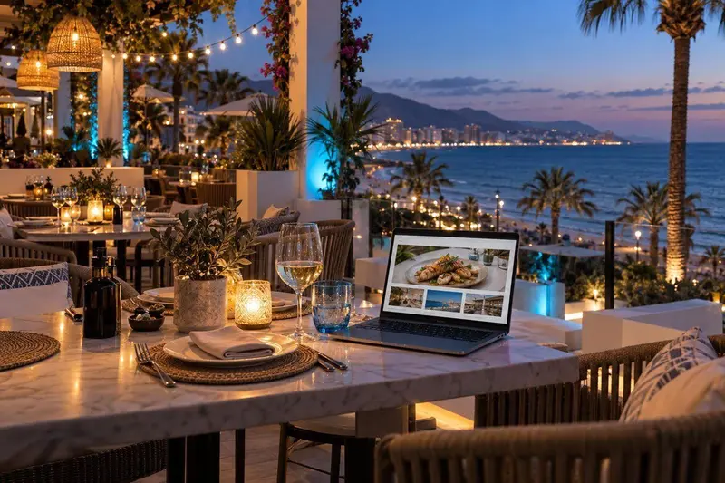 Terraza de un restaurante en Fuengirola con vistas al mar al atardecer