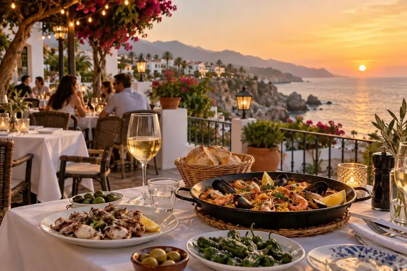 Terraza de un restaurante mediterráneo en Nerja con vistas al mar al atardecer