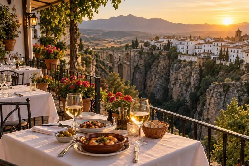 Terraza de un restaurante en Ronda al atardecer, con vistas al Tajo