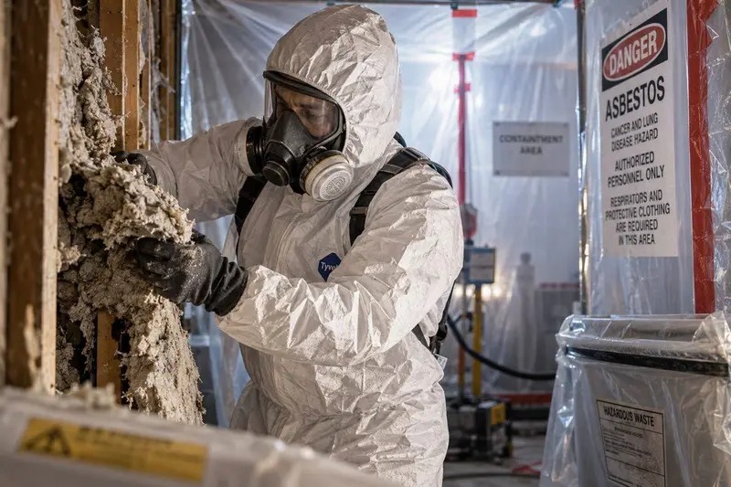 Trabajador con traje de protección retirando material de amianto en una obra controlada