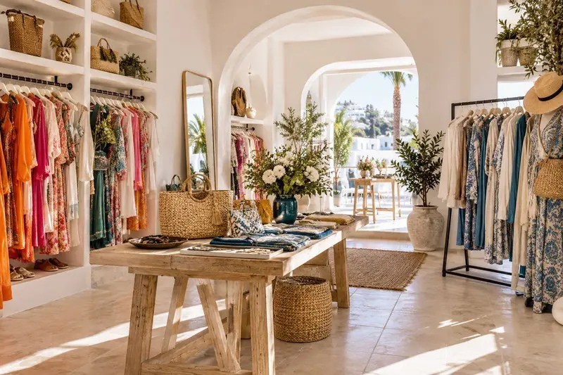 Interior de una tienda de moda femenina en Mijas con paredes blancas, percheros de vestidos y bolsos de colores y luz natural mediterránea