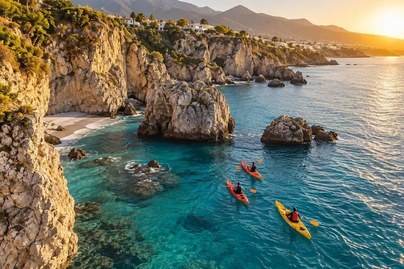 Kayaks en el mar junto a los acantilados de Nerja al atardecer