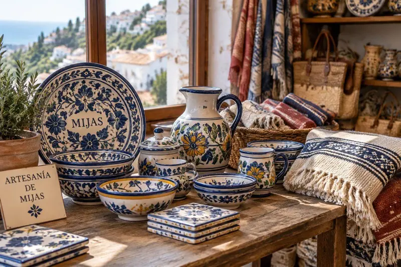 Cerámica artesanal de Mijas sobre una mesa de madera con luz natural