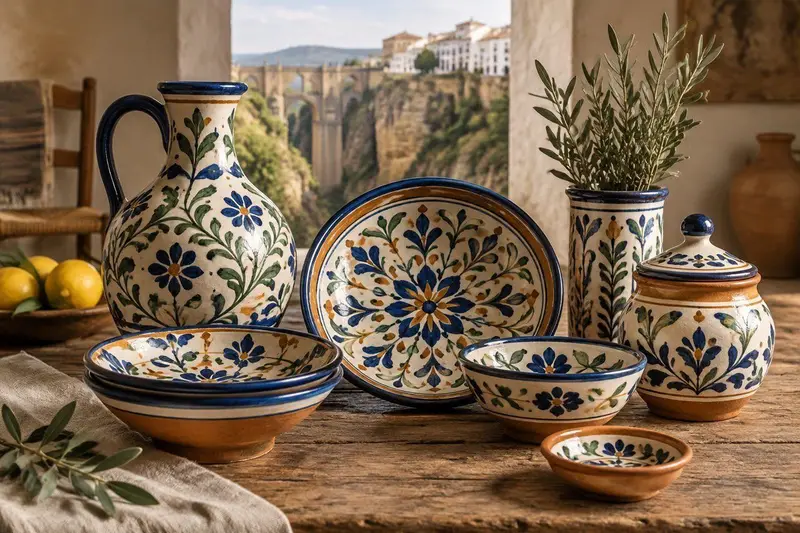 Cerámica artesanal de Ronda sobre una mesa con luz de estudio
