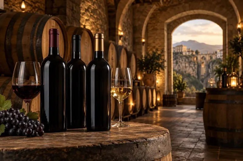 Botellas de vino en una bodega andaluza de Ronda con barricas y luz cálida