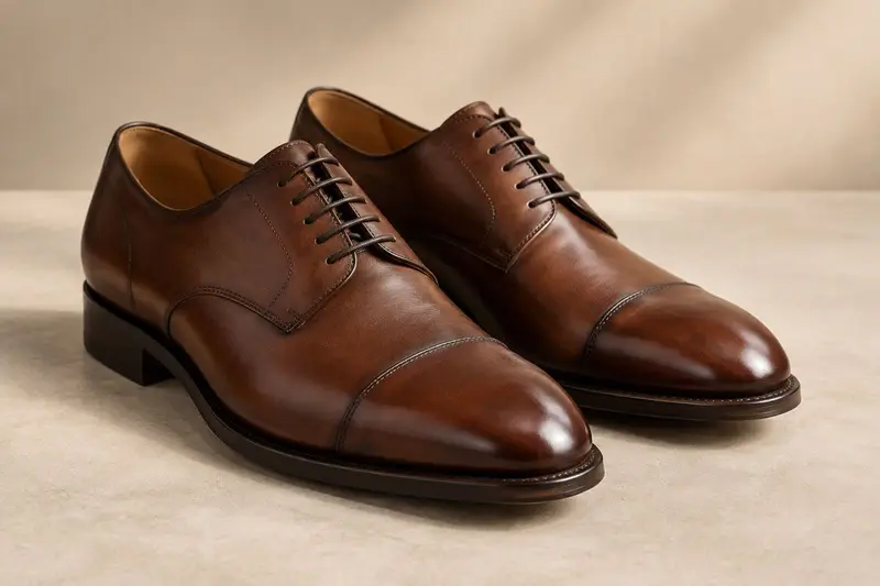Par de zapatos de piel artesanales sobre una superficie de estudio con luz natural