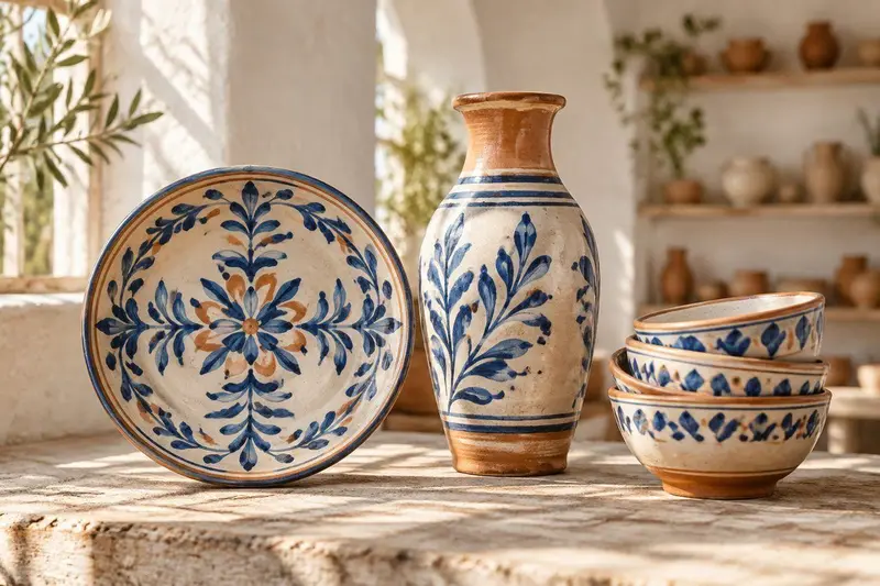 Piezas de cerámica artesanal de Nerja fotografiadas sobre fondo de estudio mediterráneo