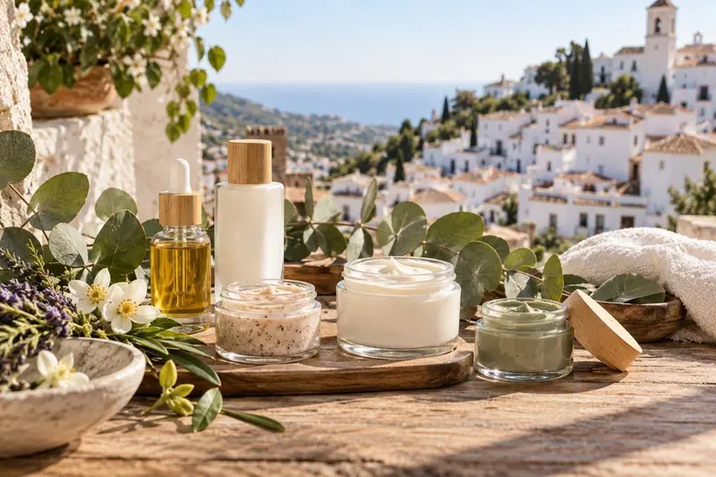 Cosméticos artesanales en tarros y frascos sobre una mesa de madera con luz natural