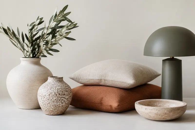 Objetos de decoración del hogar sobre una superficie de estudio con luz natural