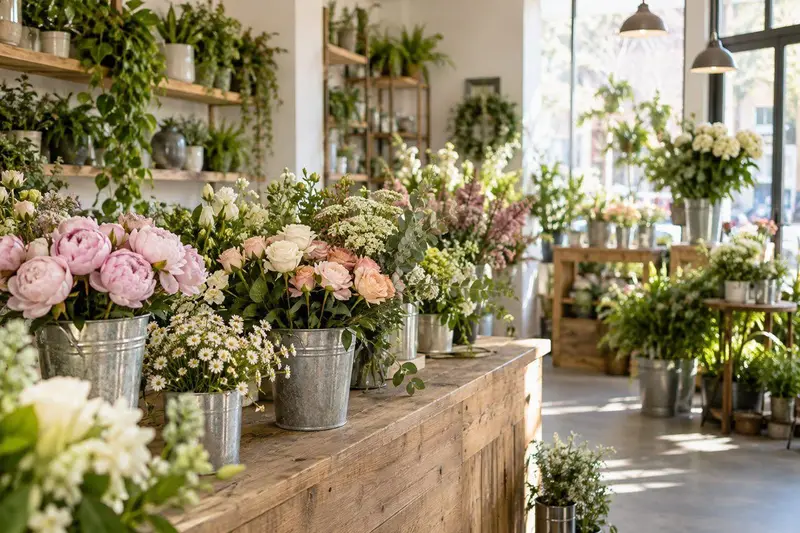 Interior de una floristería con ramos y plantas en cubos sobre un mostrador de madera