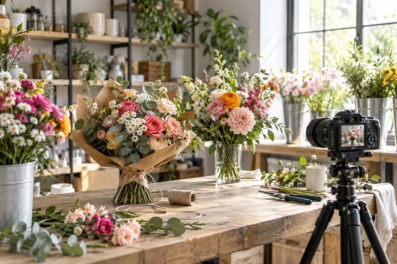 Banco de trabajo de una floristería con ramos de flores frescas de colores y un equipo de cámara para fotografía de producto