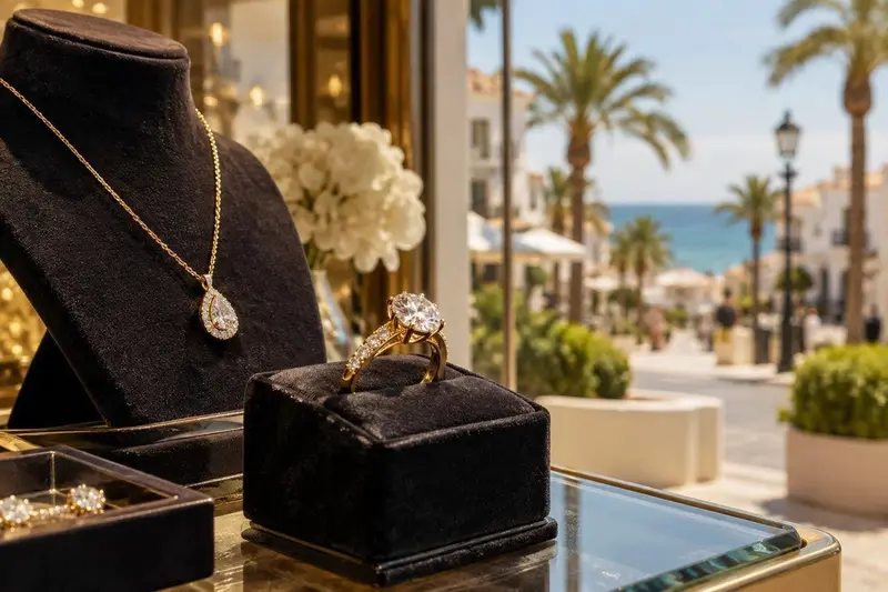 Anillos y collares de oro con aspecto de estudio para joyerías en Benalmádena
