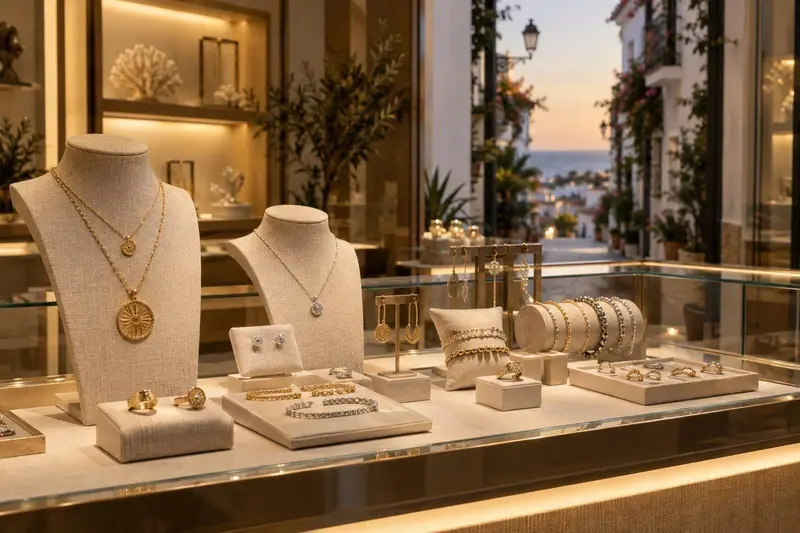 Expositor de una joyería en Estepona con piezas de oro y plata en vitrina iluminada