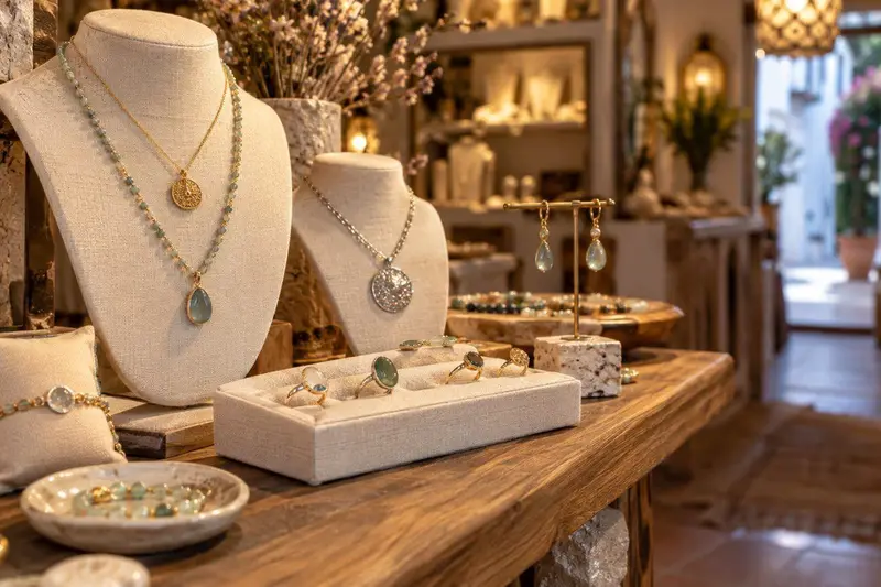 Joyería artesanal con collares y anillos expuestos bajo una luz cálida en Mijas Pueblo, Málaga