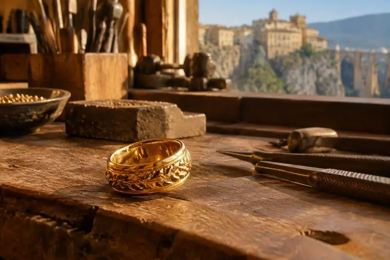 Anillo de oro sobre una mesa de madera en un taller de joyería de Ronda, luz cálida