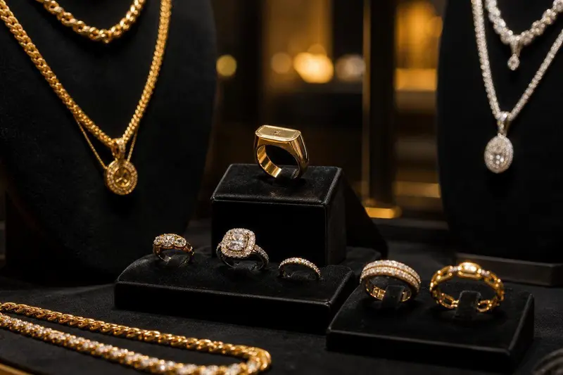 Joyería con anillos y collares sobre terciopelo oscuro
