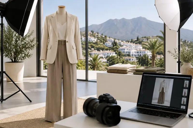 Prendas de moda en un estudio de fotografía de producto en Benahavís
