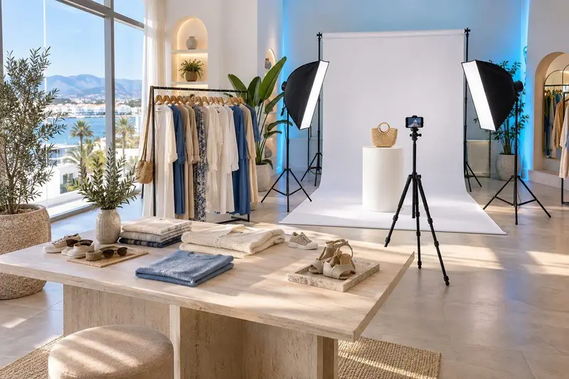Prendas de moda colgadas en una tienda de ropa luminosa en Estepona
